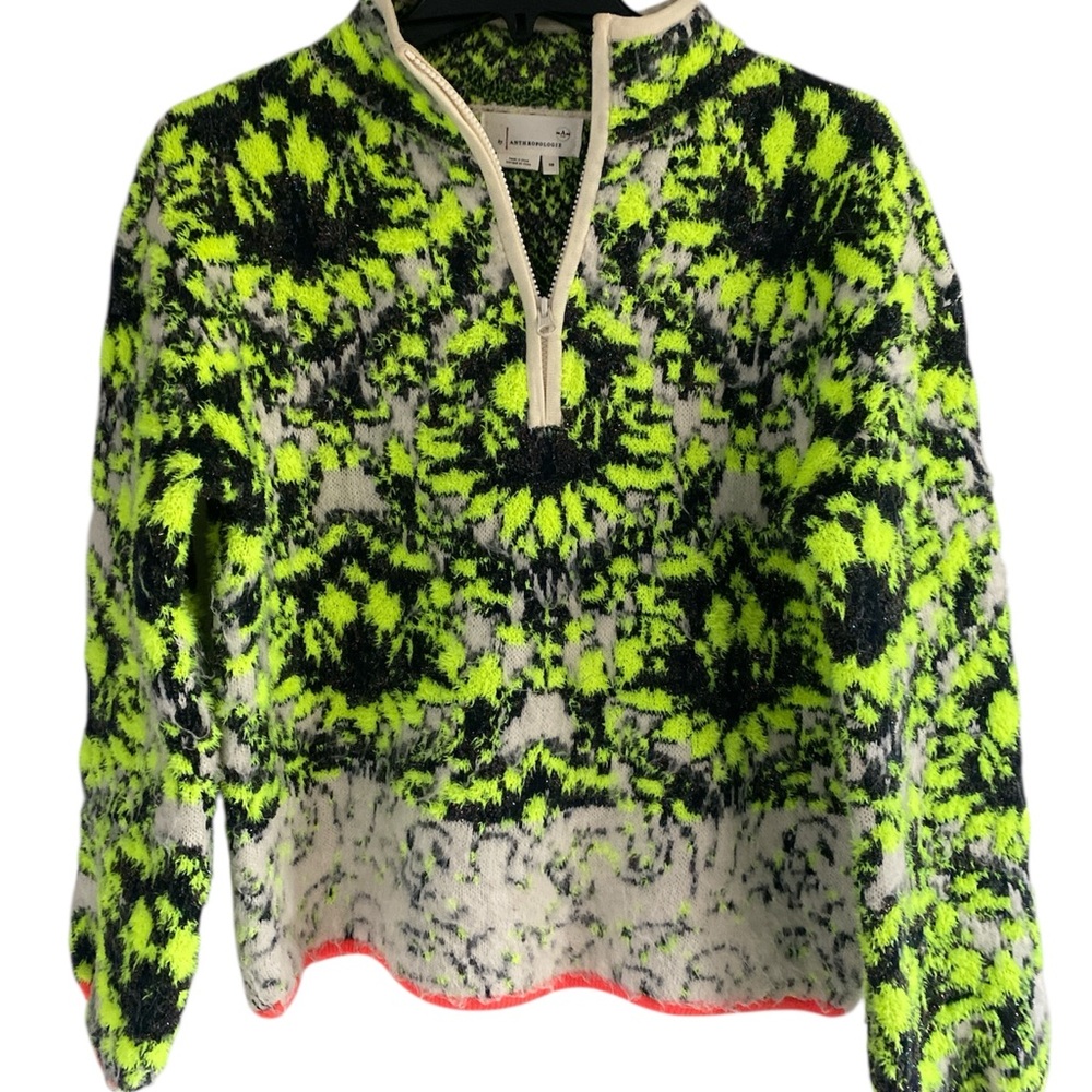 Anthropologie Neon Green and Black Zip Sweater